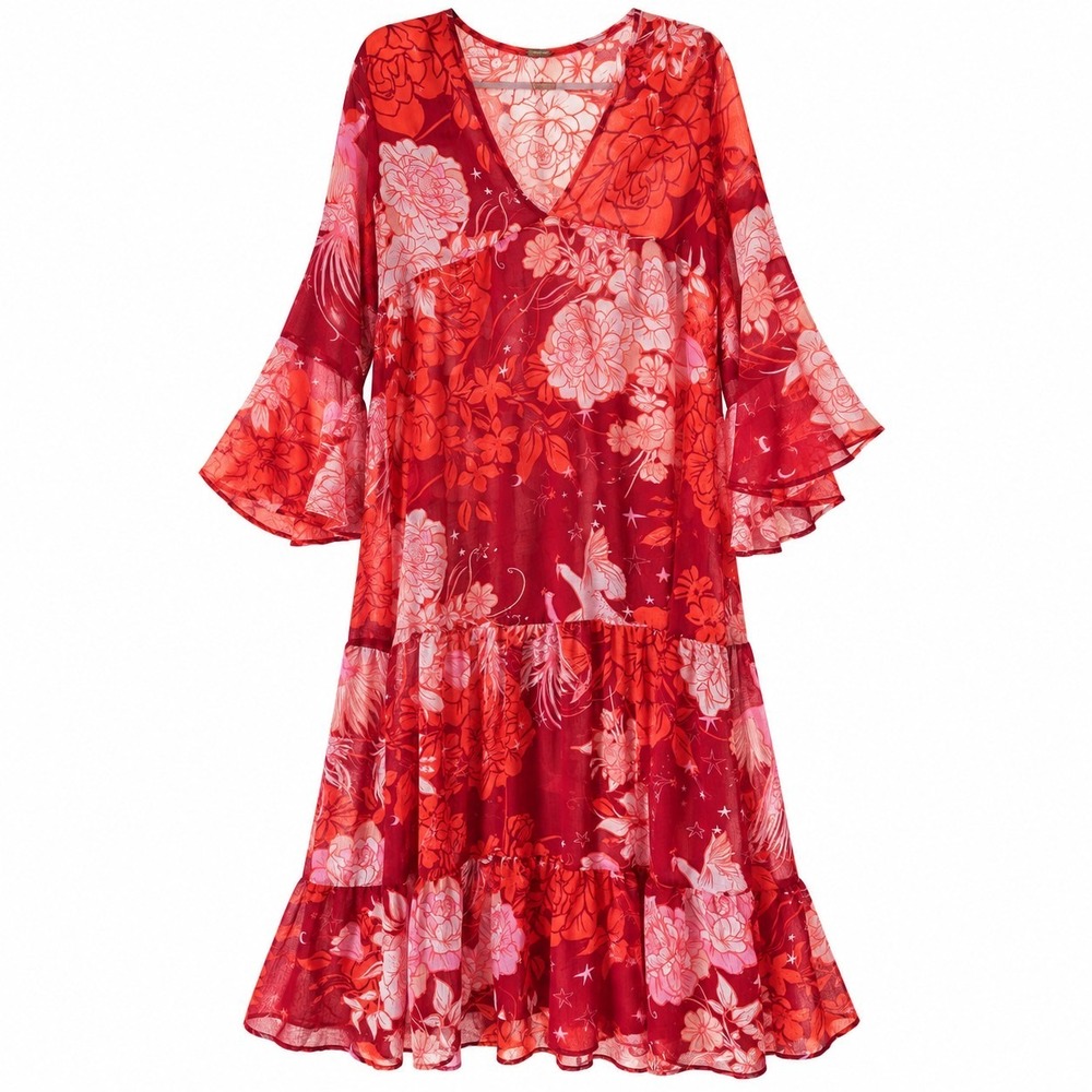 Free People Womens M Sheer Floral Maxi Dress Bell Sleeve Boho Celestial Red